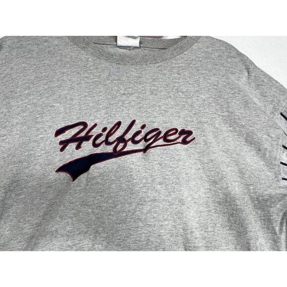 Vintage 90s‎ Tommy Hilfiger XL Embroidered Logo Graphic Shirt stripe sleeve - Picture 1 of 8